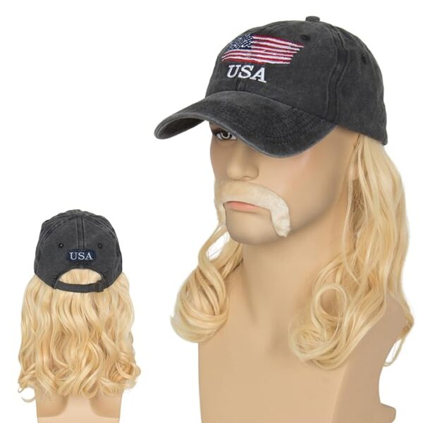 Yan Dream Mullet Hat Wig with Mustache 4th of July Hair Accessories Mens 80s Hat Wig Party (Gold)
