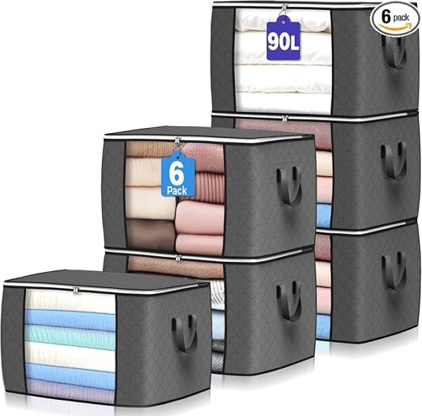 90 L Large Storage Bags, 6 Pack Clothes Storage Bins Foldable Closet Organizers Storage Containers with Reinforced Handle for Clothing, Blanket, Comforters, Bed Sheets, Pillows and Toys (Gray)