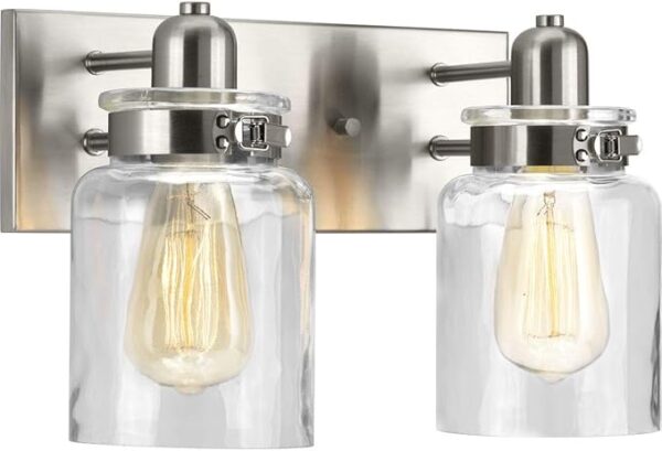 💬 🛍️Get 71% off Calhoun Collection 2-Light Clear Glass Vanity Light in Brushed Nickel for a farmhouse chic bathroom upgrade! 💡💰'