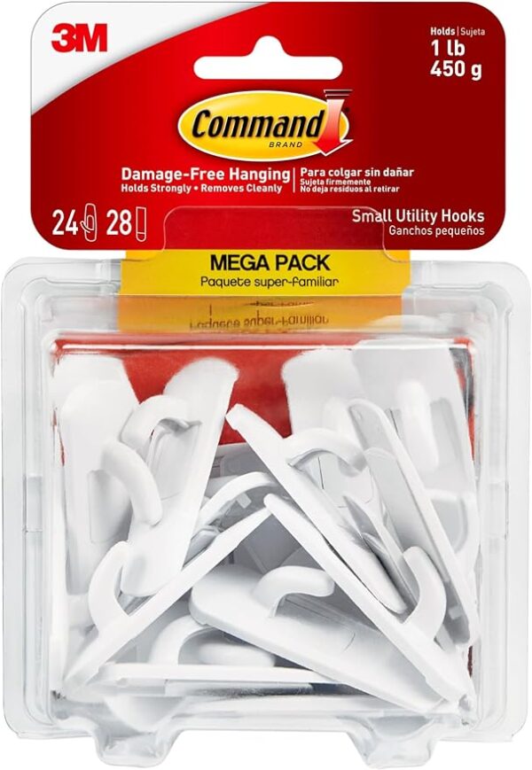 💬 💥66% OFF! Keep your living space organized with our Command Small Utility Hooks! Damage-free hanging with adhesive strips. 24 white hooks and 28 Command Strips included.  🧹👌